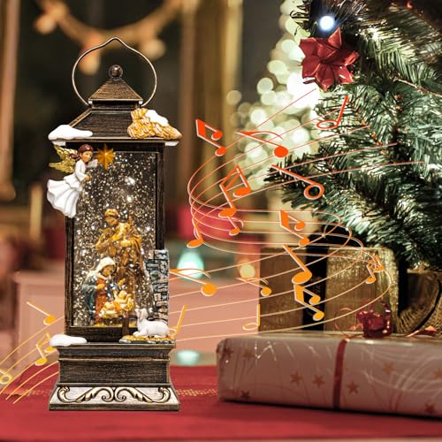 12-Inch Christmas Snow Globe Lantern with Nativity, Angel, Music & LED Light