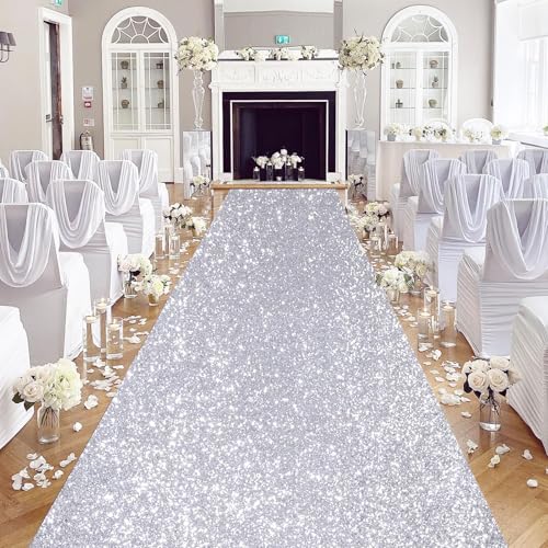 QueenDream Silver Sequin Aisle Runner 4ft x 20ft Wedding & Party Carpet - Glitter Fabric for Indoor & Outdoor Decor