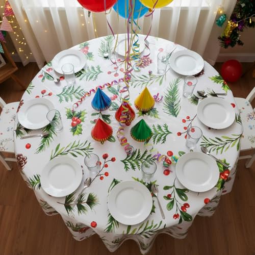Oudain 6 Pack Christmas Round Tablecloth 84 Inch Holly Berry Cover for Holiday Dining