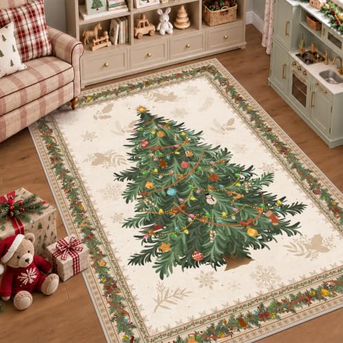 Olacotta 5x7 Beige Christmas Area Rug with Center Tree - Non-Slip, Machine Washable