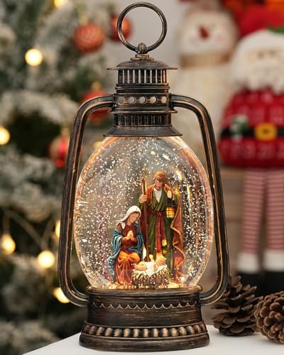 EDDORUNNING 12.6 Inch Nativity Snow Globe Lantern with Jesus - Silent Night Music, 6-Hour Timer
