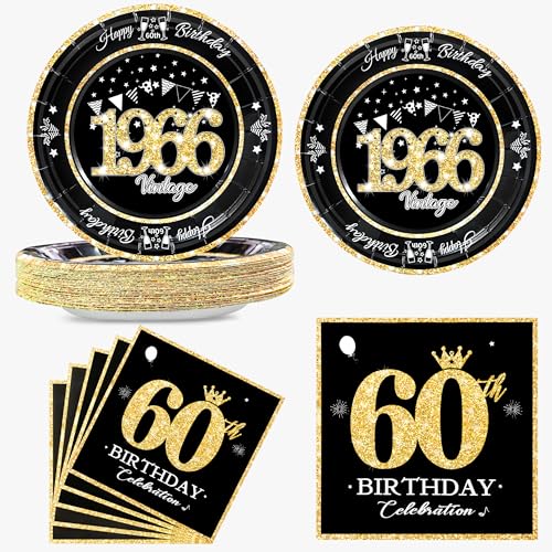 60th Birthday Party Plates and Napkins Set - Vintage Black and Gold, 60 Pc