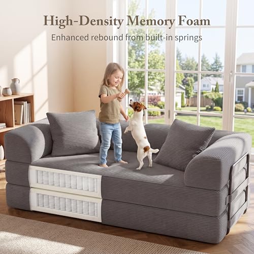 5-in-1 Convertible Corduroy Sofa Bed - 70" Folding Futon Couch (Gray)