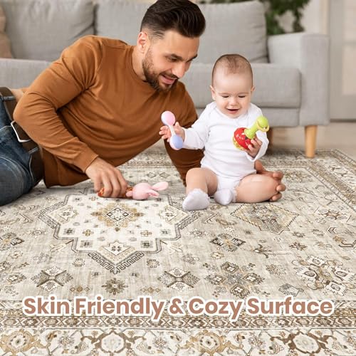 5x7 Washable Area Rug, Traditional Oriental Distressed Beige Carpet