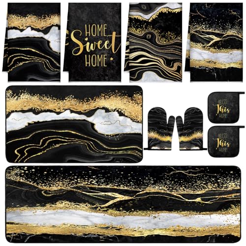 10-Piece Marble Farmhouse Kitchen Decor Set: Towels, Rugs, Mitts & Holders