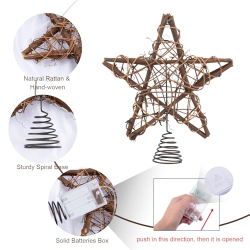Natural Rattan Christmas Tree Topper Star with 10 Warm LED Lights, 10 Inch