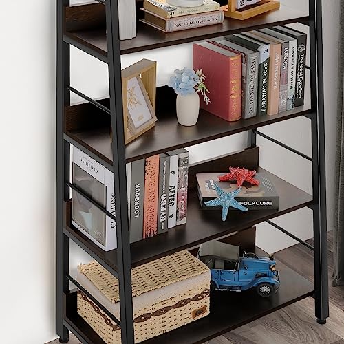 5-Tier Rustic Industrial Ladder Bookshelf, Wooden Storage Display Shelf