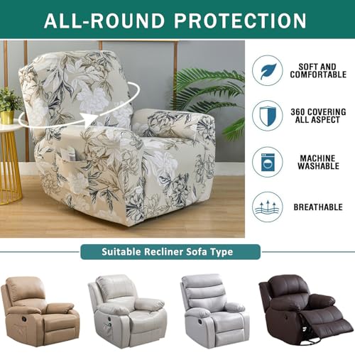 Floral Patterned Stretch Recliner Cover - 4 Piece Anti-Slip Protector