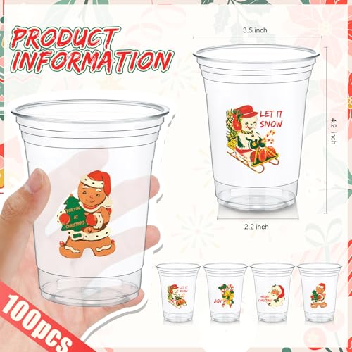 Mimorou 100 Pcs Christmas Plastic Cups 12oz Retro Xmas Party Disposable