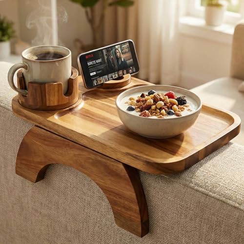 Acacia Wood Couch Armrest Tray with Rotating Phone & Cup Holder