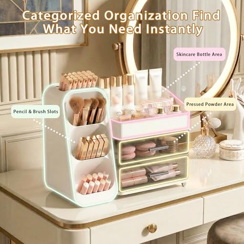 White Large Capacity Makeup Organizer with Brush Holder for Vanity & Bathroom