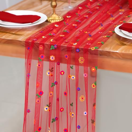 Red Floral Embroidery Table Runner 10FT for Wedding & Home Decor