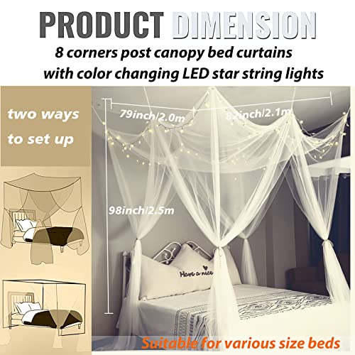 White 8-Corner Bed Canopy with 24-Color Star String Lights & Remote