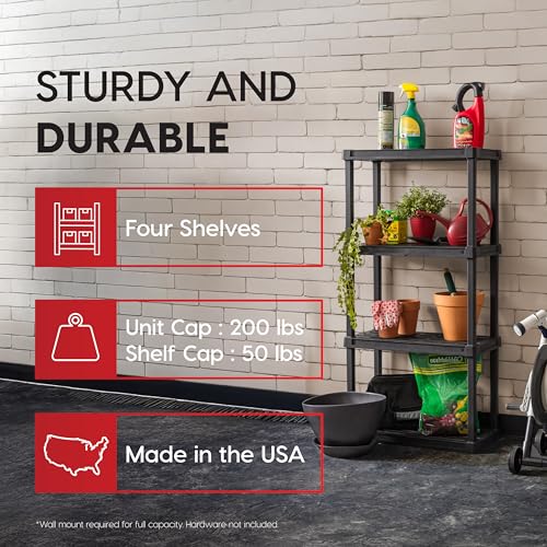 4-Tier Plastic Storage Shelves Black - 48" H Utility Shelving Unit Organizer