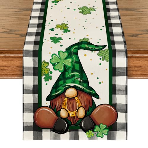 Artoid Mode Buffalo Plaid Gnome St. Patrick's Day Table Runner 13x72 Black/White