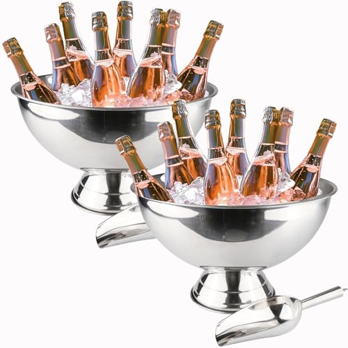 Mipau Silver 2-Pack Large 12L Ice Buckets with Scoops, Stainless Steel, Round, No Lid
