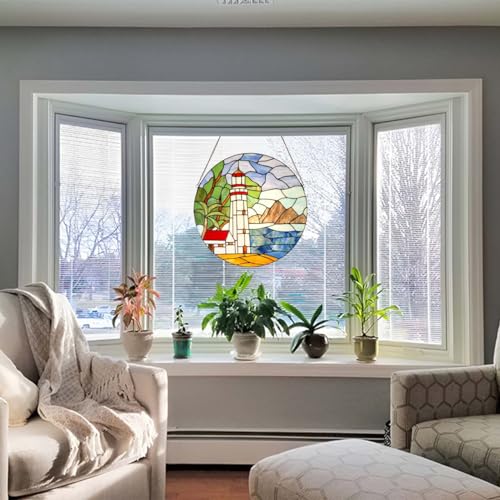 Tiffany-Style Stained Glass Lighthouse Window Panel - 22-Inch Round