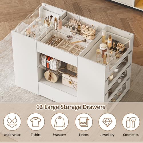 12-Drawer Closet Island with Glass Top and Display Shelves, White