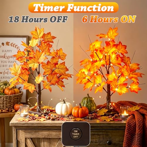 Lighted Artificial Fall Maple Tree - 22" Battery Operated with 24 LEDs - 2 Pack Fall Decorations for Indoor Use