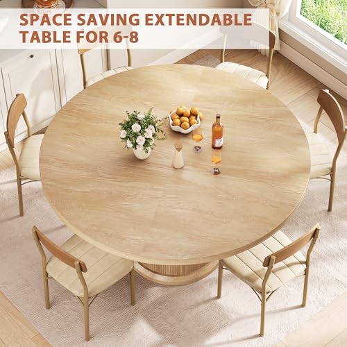 Extendable Round Dining Table 47"-63" with 2-Tier Storage, Pedestal Base
