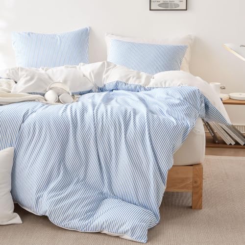 Blue and White Striped Comforter Set Full Size - 3 Piece Farmhouse Bedding