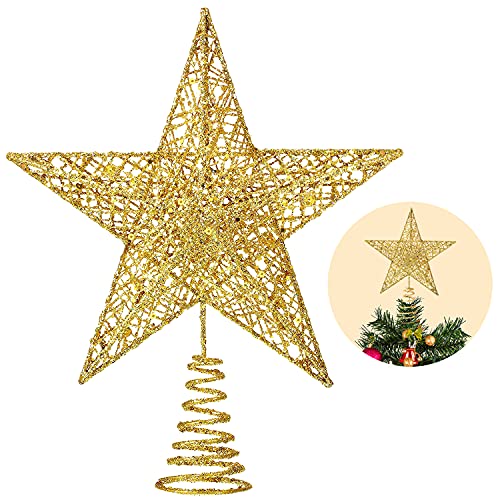 Gold Glitter Star Christmas Tree Topper - 10-Inch Hollow Metal Tree Decor