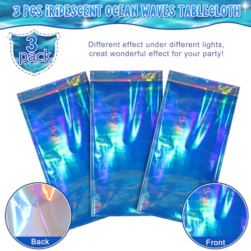 Iridescent Ocean Wave Plastic Tablecloths - 3 Pack 54 x 108 Inch Covers