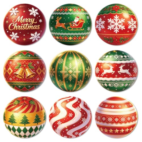 ANATTASOUL Christmas Baubles Coasters Set of 9, 3.9" Round Wooden Coasters, Snowflake/Reindeer/Santa Patterns, Bulk Gift