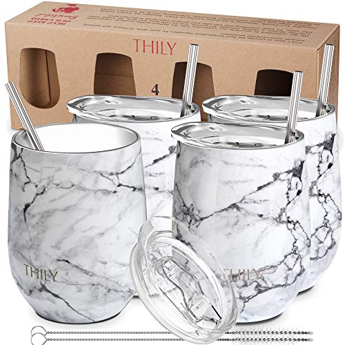THILY 12oz Stainless Steel Stemless Wine Tumblers 4 Pack White Marble — Vacuum Insulated, Sliding Lids & Straws