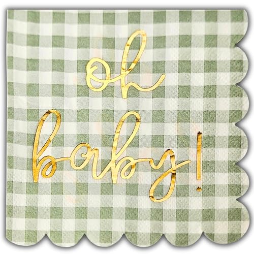 Sage Green and Gold Foil Baby Shower Napkins - 50 Pack 'Oh Baby' Decorations