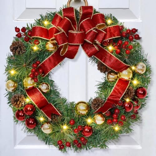 Elyum 16 Inch Christmas Wreath with Lights – 2 Pack Front Door Decor Balls Berries Pine Cones