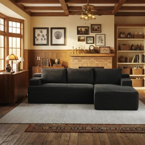 96-Inch L-Shaped Modular Corduroy Sectional Sofa with Deep Seating