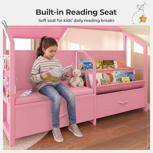 Montessori House Floor Bed with Reading Nook, Storage Drawers & Guardrails