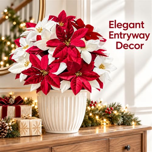 24 Pcs Artificial Christmas Poinsettia Flowers - Red & White Holiday Decor