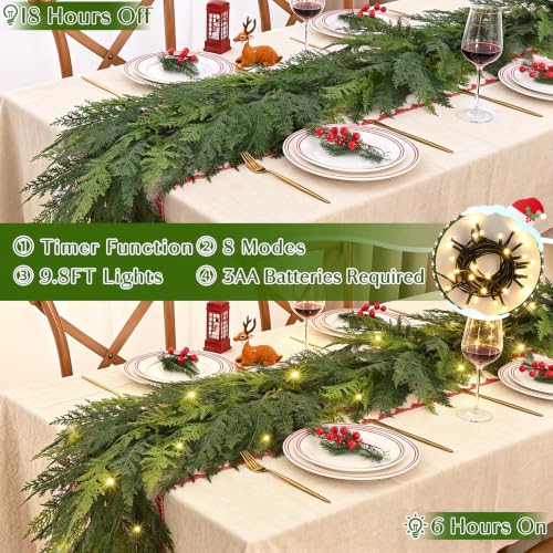2 Pack 9FT Cedar Garland with 50 LED Lights, Pre-Lit Faux Greenery 9 ft