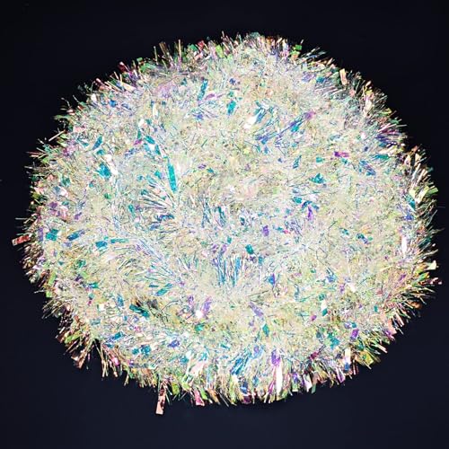 GlyinnHe 33FT Iridescent White Christmas Tinsel Garland for Holiday Decor