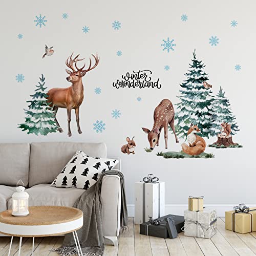 Mfault Winter Christmas Forest Deer Wall Decals Stickers, Xmas Wonderland Pine Tree Animals Elk Squirrel Rabbit Nursery Christmas Decorations Kids Bedroom Art, Snowflakes Baby Boys Girls Room Decor