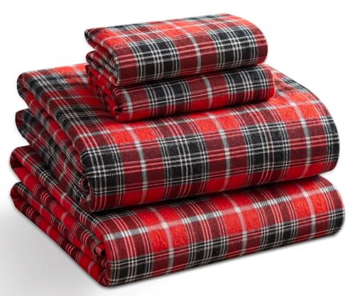 RUVANTI 100% Cotton Flannel Sheets Set Queen 4 PCs Red Plaid