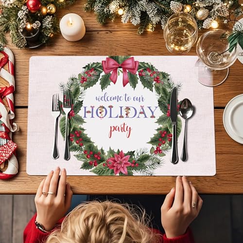 Red Poinsettia Holly Wreath Christmas Disposable Paper Placemats Set - 50 Sheets 11x17 inch