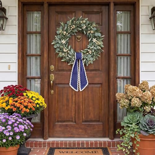 Blue Wreath Sash for Front Door 55 Inch Fabric Garland Ribbon