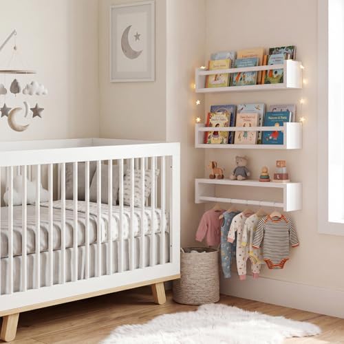 Set of 3 Floating Nursery Wall Shelves, 16.5-inch Solid Wood Book Ledges