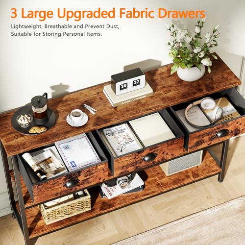 47-Inch Console Table with 3 Drawers and 3-Tier Shelves, Rustic Industrial