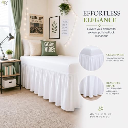 Twin XL Ruffled Bed Skirt with 32 Inch Drop - Wrap Around Dust Ruffle, White