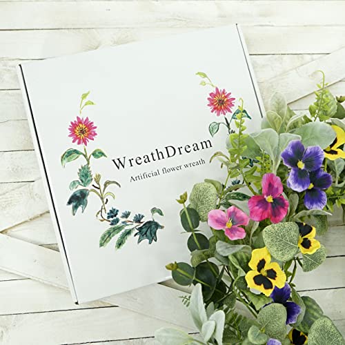 20-Inch Artificial Pansy Wreath with Lambs Ear and Eucalyptus for Front Door