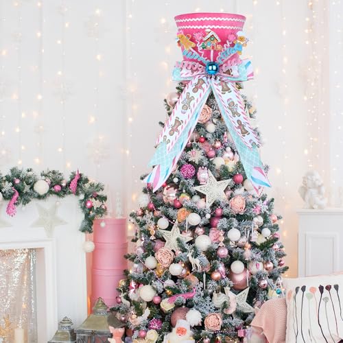 Pink Gingerbread Christmas Tree Topper Hat with Bow - Velvet Candy Cane Imitation