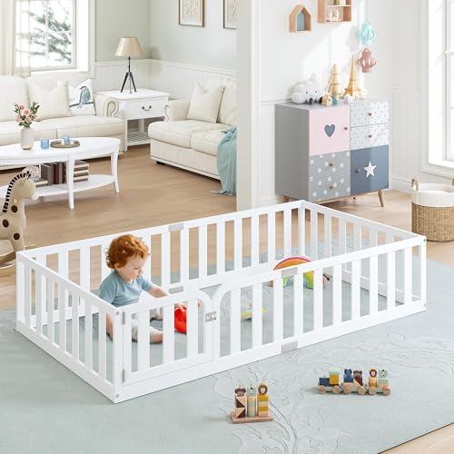 Twin Size Montessori Floor Bed Frame with Fence and Door - Solid Wood