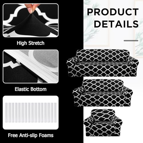 Stretch Sofa Cover Set - 3 Pcs Black Slipcovers for Sofa, Loveseat & Armchair