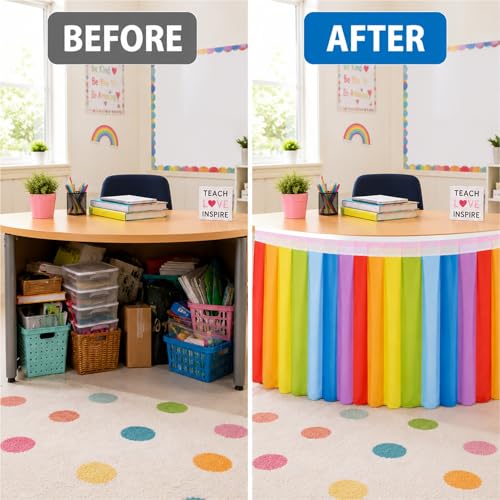Rainbow Table Skirt for Teacher Desk - 14ft Wrinkle-Resistant Classroom Decor