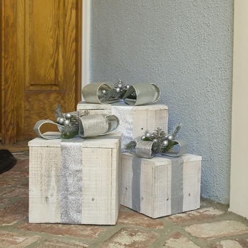Alpine 3-Piece Wooden Gift Box Christmas Decor with LED Lights - Silver Ribbon