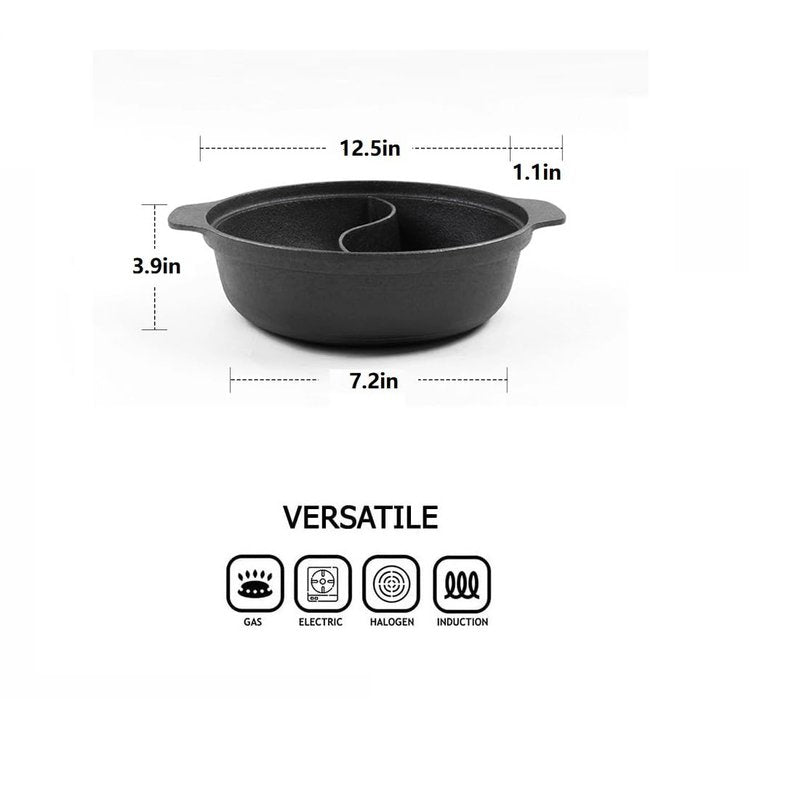 MANHANDIAO Cast iron hot pot with Divider,Dual-Sided 12.5 Inch Shabu Shabu Pot, Multi-Functional Hotpot Pot with Divider, Gas Stove, Black